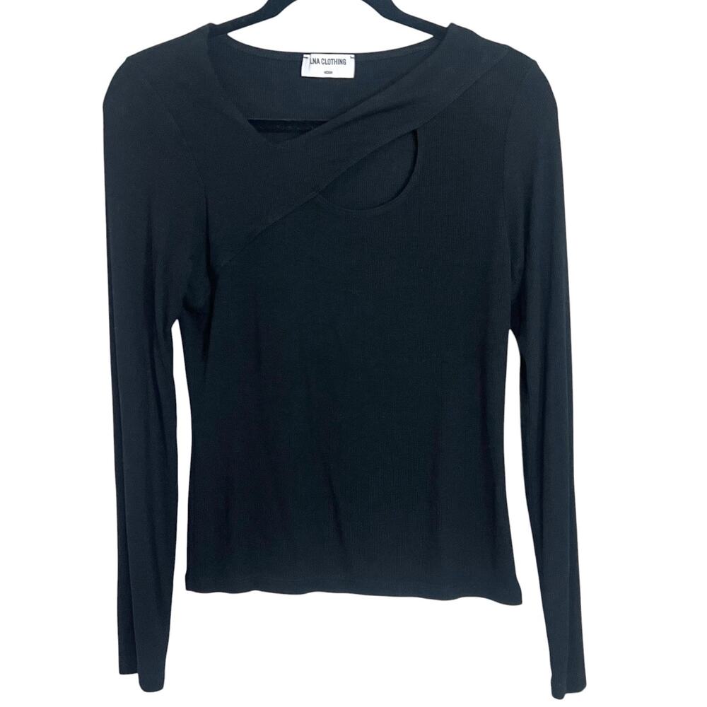 LNA Clothing Black Ribbed Long Sleeve Top Asymmetric Cut-Out Neckline Medium